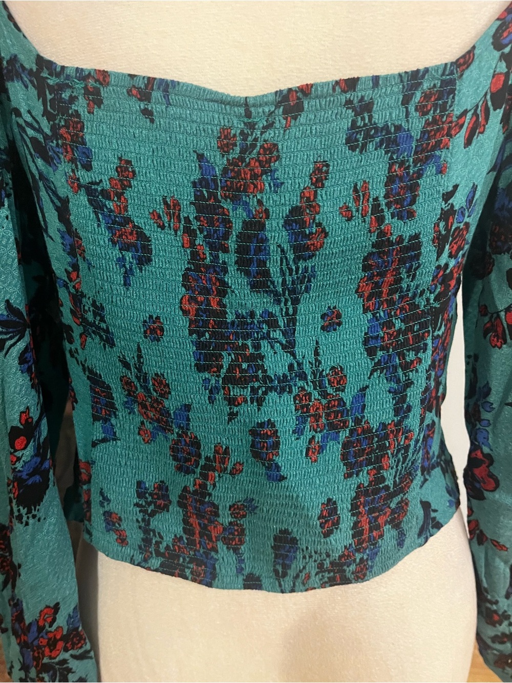 Free People Teal Floral Square-Neck Long Sleeve Blouse - Picture 5 of 6